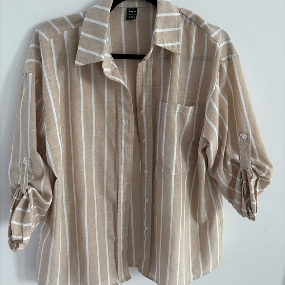 SHEIN Beige and White Striped Button-Down Shirt - Picture 2 of 5